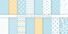 Nautical Seamless Background. Marine Sea Patterns. Set Blue Print With Sailboat, Anchor, Waves, Polka Dot, Zigzag. Childish Texture For Baby Shower, Scrapbooking. Geometric Design. Vector Illustration