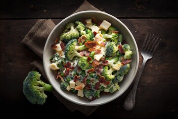 Wall Mural - A salad made with fresh broccoli, bacon, and cheese is displayed in a white bowl against a brown background (view from above). Generative AI