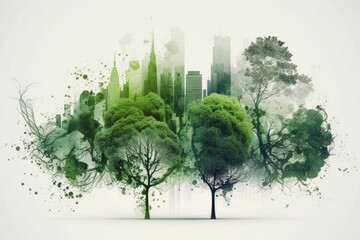Wall Mural - Trees, the green lungs of a city, in double exposure on a white background. Generative AI