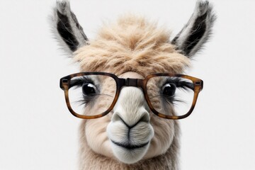 Poster - a cute lama in glasses, displayed alone on a white background. Generative AI