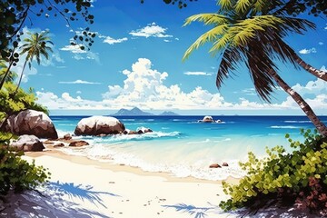 Wall Mural - Scene of a stunning tropical beach and sea on a bright, sunny day. Area of water adjacent to a beach. Generative AI