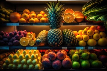 Poster - Various fresh produce is displayed in a grocery store. grocery store. Fruits including pineapple, melons, grapefruits, tangerines, oranges, and lemons are included. The benefits of eating organic. Wha