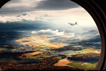 viewing autumn from plane window. photo generative ai