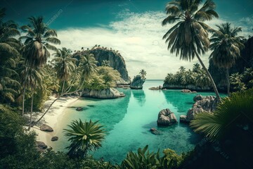 lagoon surrounded by palm palms on a tropical beach. thailand's island and seascape tourist attracti