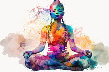 yogi woman meditating with legs crossed concentrated, chakras energy visualization in vivid watercol