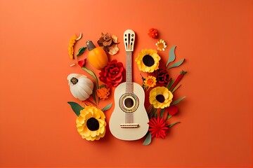 Minimalist modern mexican Cinco de Mayo holiday background,  warm yellow background top view. Flat layout style, generative ai, Minimalist modern mexico  fiesta background with hat, maracas, guitar