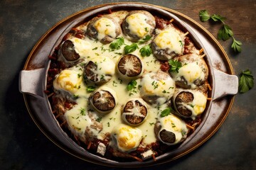 Canvas Print - Oven baked plate with tasty mini meatballs, mushrooms, and melted cheese. Generative AI