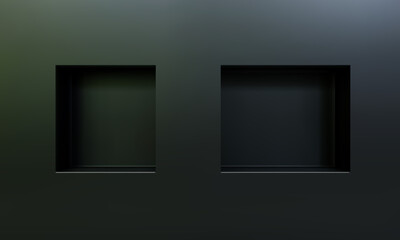 two empty niches or shelf on black wall 3d mockup. shop, gallery plastic or wooden showcase to prese