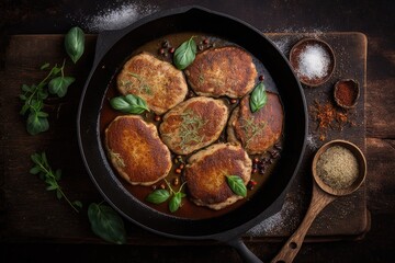 Canvas Print - Mutton cutlets seasoned with spices and cooked in a frying pan. Horizontal top down lay. Generative AI