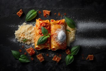 Sticker - Pasta cannelloni stuffed with ground meat and baked in tomato sauce, set against a backdrop of dark slate, stone, or concrete. A bird's eye perspective with room for copy. Generative AI