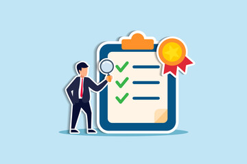 Standard, quality control or certified approval, corporate policy or compliance, guarantee checklist document, assurance concept, businessman hold magnifying glass with standard QC badge document.