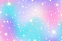 Rainbow Unicorn Fantasy Background With Stars. Holographic Illustration In Pastel Colors. Bright Multicolored Sky. Vector.