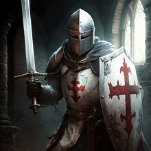 Medieval Knight In Full Armor With The Templars Cross In The Crusade, Generative Ai