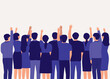 © simplehappyart - Back View Of A Crowd Of People Raising Up Their Hands. Flat Design Style, Character, Cartoon.