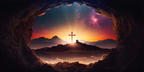 Cross of jesus christ on calvary sunset background for good friday he is risen in easter day, Slave hope worship in God. Easter. He is risen. Silhouette cross on mountain sunset background.