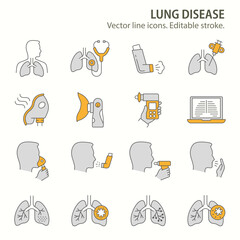 Canvas Print - lung disease icons, such as pneumonia, nebulizer, bronchoscopy, bronchitis and more. Vector illustration isolated on white. Editable stroke.