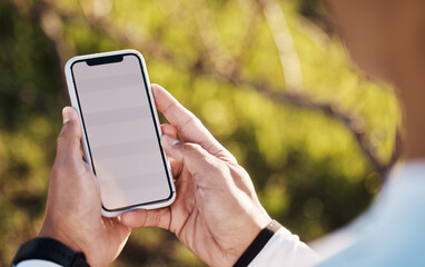 5g, phone screen and nature, hands of man in park at rest stop in countryside looking at direction o