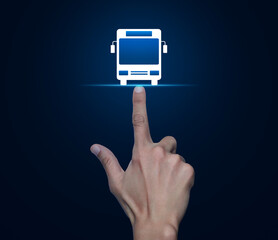 Wall Mural - Hand pressing bus flat icon over light blue wall, Business transportation service concept