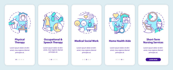 Wall Mural - home health care services onboarding mobile app screen. walkthrough 5 steps editable graphic instruc
