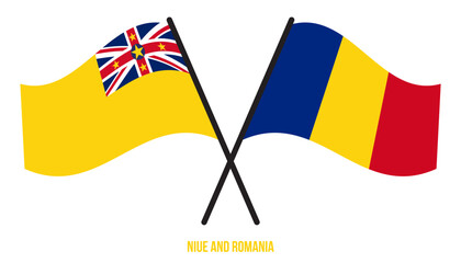 Niue and Romania Flags Crossed And Waving Flat Style. Official Proportion. Correct Colors.