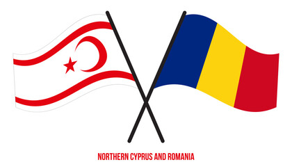 Northern Cyprus and Romania Flags Crossed And Waving Flat Style. Official Proportion. Correct Colors