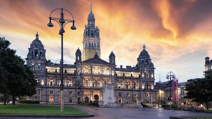 Wall Mural - Time lapse of Glasgow City Chambers and George Square at dramatic sunset, Scotland - UK, nobody
