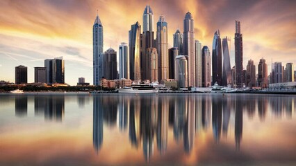 Wall Mural - Time lapse of Dubai Marina panorama at sunrise, nobody. United Arab Emirates