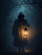 A Shadowy Hooded Figure Walking Through a Dark Forest While Holding a Lantern Generative AI