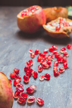 Still Life Of Pomegranate Fruit Open Showing Seeds