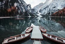 Wooden Boats At The Alpine Mountain Lake. Lago Di Braies