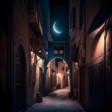 a street with a crescent moon in the sky