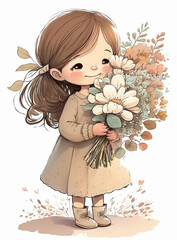 Wall Mural - Cute little girl with a bouquet of flowers. Printable digital watercolor illustration. Generative ai.