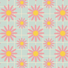 Wall Mural - groovy pattern with pink daisy flowers on blue background. hippie 60s, 70s, 80s style. danish pastel