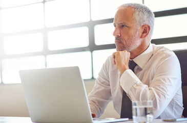 Aufkleber - Thinking of ways to make his online visibility shine brightly. a mature businessman using a laptop in an office.