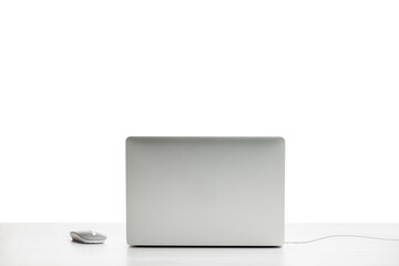 back side of modern laptop on office table with mouse. png image.