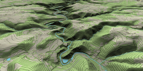 Wall Mural - Vue aérienne de paysage vallonné et méandre de rivière en territoire montagneux - Rendu 3d modèle numérique de terrain avec courbes de niveau et occupation du sol