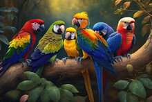 A Group Of Colorful Parrots Sitting On A Branch In A Jungle Setting With Trees And Plants In The Background, Generative AI