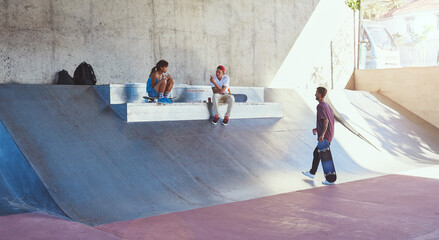 Sticker - Home is where the skate park is. skaters having lunch together.