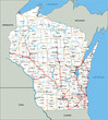 High detailed Wisconsin road map with labeling.