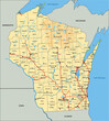 High detailed Wisconsin physical map with labeling.