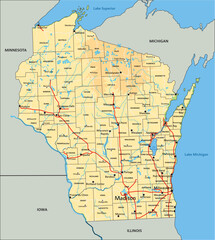 Wall Mural - High detailed Wisconsin physical map with labeling.