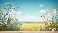 Wooden Empty Table Surface Closeup On Background Of Meadow Flowers And Leaves And Summer Blue Sky Background With Empty Space For Product Placement