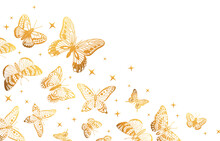 Golden Butterflies Backdrop. Cartoon Gorgeous Butterfly Pattern, Gold Butterfly Flock, Gorgeous Exotic Moths Flat Vector Background Illustration