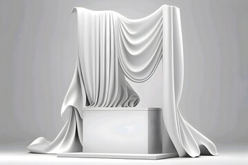 podium, white background with pedestal and silk cloth curtain. cosmetic product presentation stand. Luxury