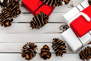  a crate full of pine cones and Christmas toys, and wrapping materials on a white wood old background.
