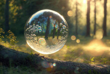 Soap Bubbles In The Forest, The Rays Of The Sun Break Through The Trees In The Background. Generative AI