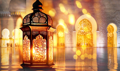 Wall Mural - ornamental Arabic lantern and mosque in background