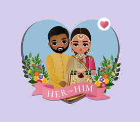 Sticker - Bride and groom cute couple in traditional indian dress cartoon character