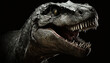 Closeup on head with sharp teeth of carnivorous dinosaur Tyrannosaurus . Prehistoric predator. Generative AI