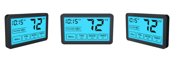 digital programmable thermostat on transparent background, left, front and right view (3d render)